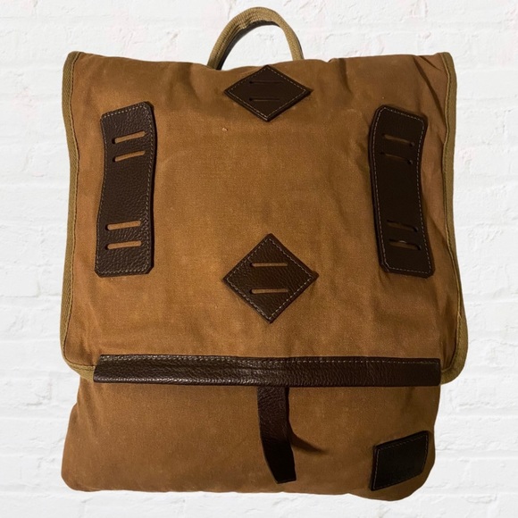 Vintage Will Leather Goods Brown Tan Canvas Leather Fold Over Flap Backpack Bag - Picture 1 of 11